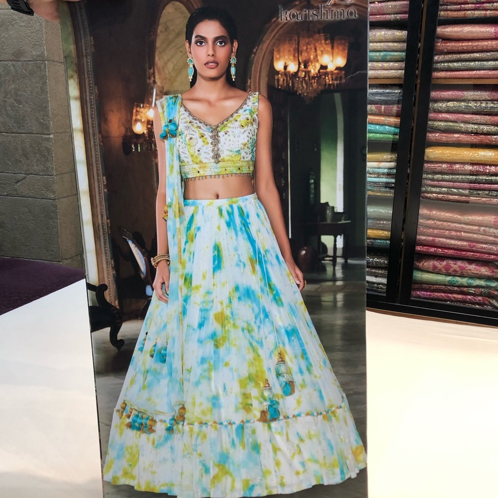Tie dye lehenga Choli medium gold embroidered yellow blue Indian wedding outfit